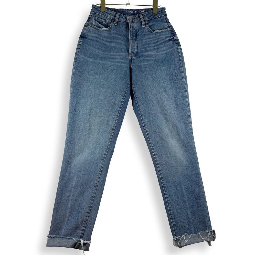 Women's High Rise Curvy Straight Leg Jeans Medium Wash Raw Hem Size 6 Tall 29"